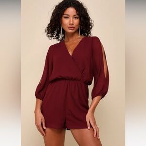LULU’s Luck and Love Burgundy Three-Quarter Sleeve Romper